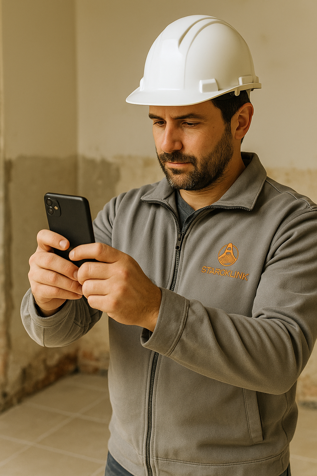 Homme portant un casque blanc et une veste grise avec le logo StarckLink, prenant une photo de son chantier terminé avec son téléphone.