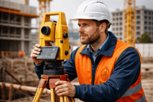 Géomètre-topographe sur chantier, utilisant un théodolite pour effectuer des relevés, portant une veste de sécurité avec logo StarckLink brodé.