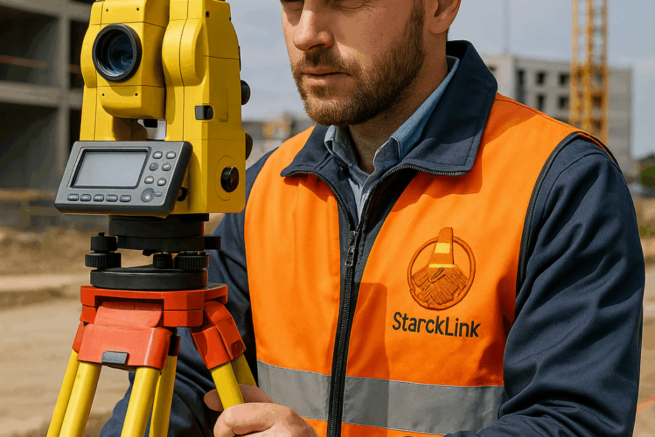 Géomètre-topographe sur chantier, utilisant un théodolite pour effectuer des relevés, portant une veste de sécurité avec logo StarckLink brodé.