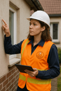 Femme diagnostiqueur immobilier en portrait, inspectant la façade d’une maison avec tablette, portant un gilet de sécurité avec logo StarckLink brodé.