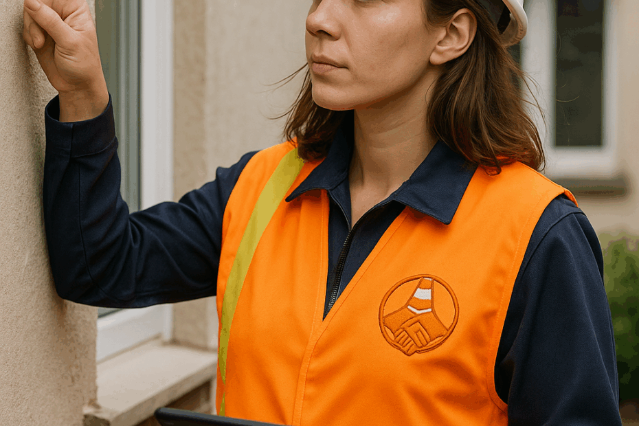 Femme diagnostiqueur immobilier en portrait, inspectant la façade d’une maison avec tablette, portant un gilet de sécurité avec logo StarckLink brodé.
