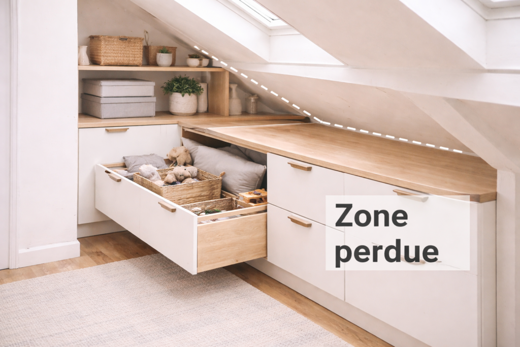 Zone perdue sous combles exploitée avec meuble bas sur mesure et tiroirs intégrés