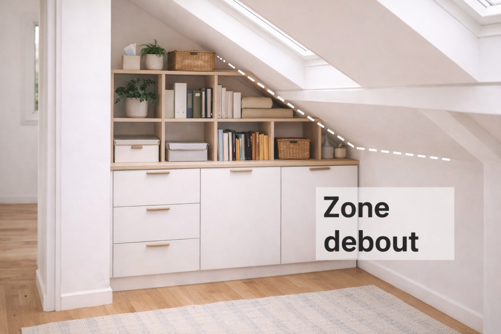 Zone debout sous combles aménagée avec meuble de rangement sur mesure adapté à la pente
