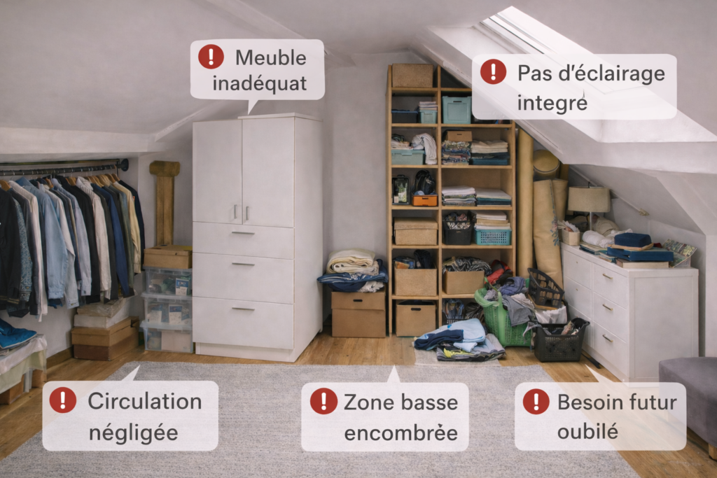 Erreurs d’aménagement sous combles avec meubles inadaptés, zones encombrées et absence d’éclairage intégré