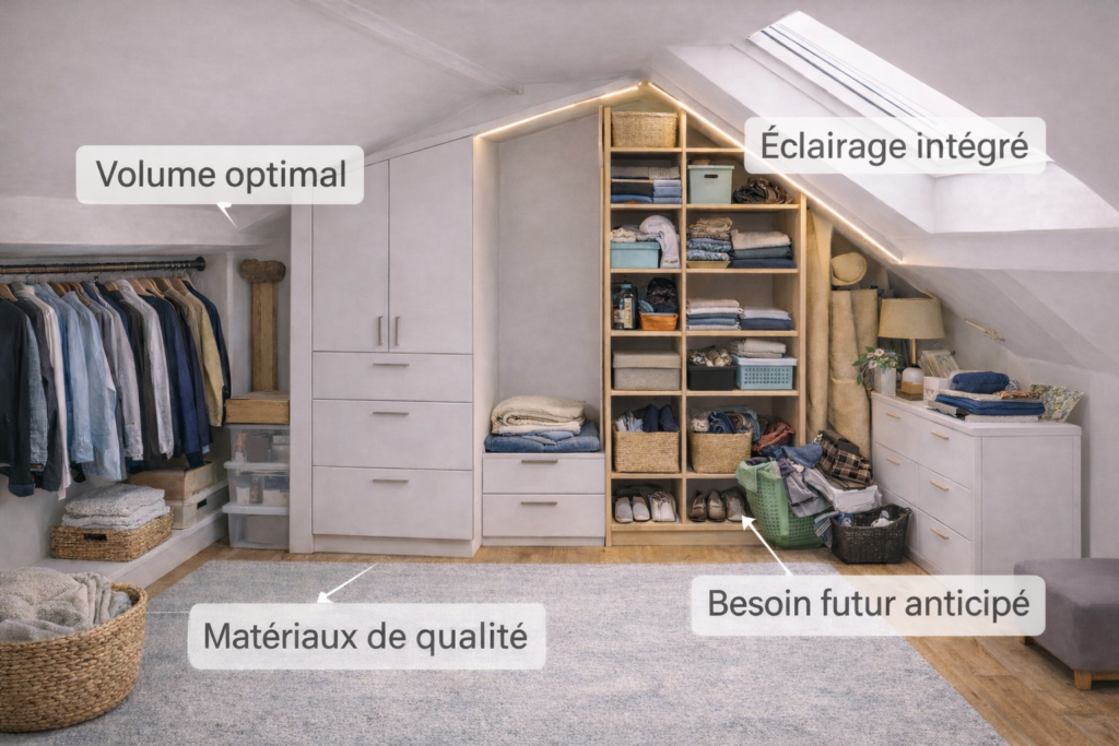 Aménagement sous combles optimisé avec dressing sur mesure, éclairage intégré et rangements durables