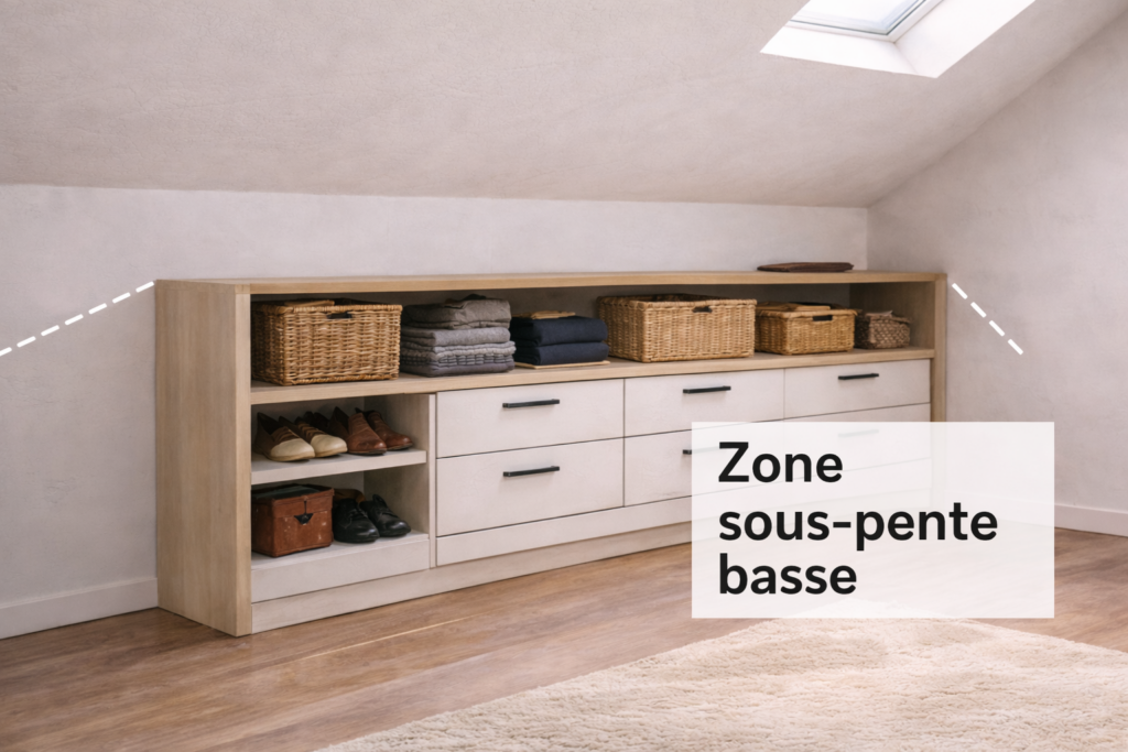 Meuble bas sous pente aménagé sous combles pour exploiter une zone basse avec rangements intégrés