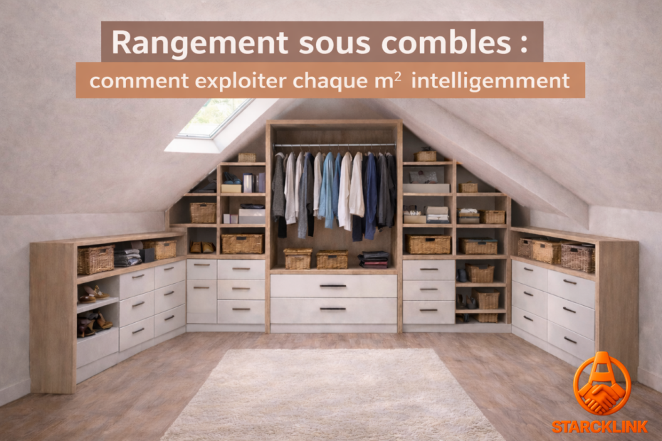 Rangement sous combles optimisé avec meubles sur mesure exploitant chaque mètre carré sous pente