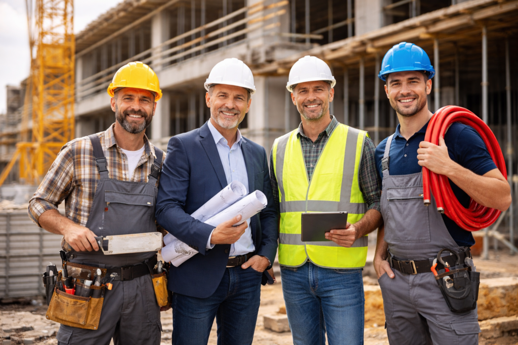 Plusieurs professionnels du bâtiment réunis sur un chantier de construction, artisans, entrepreneur et maître d’œuvre