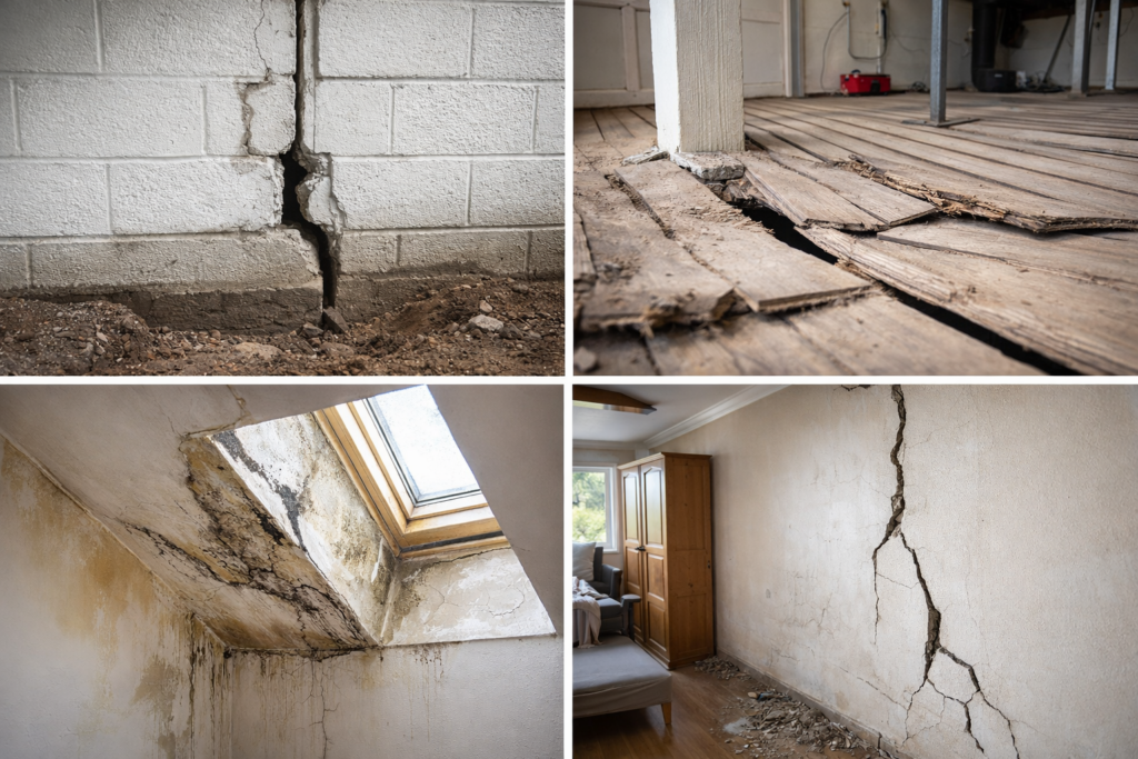 Exemples de dommages structurels couverts par la garantie décennale : fissures, affaissement et infiltrations d’eau