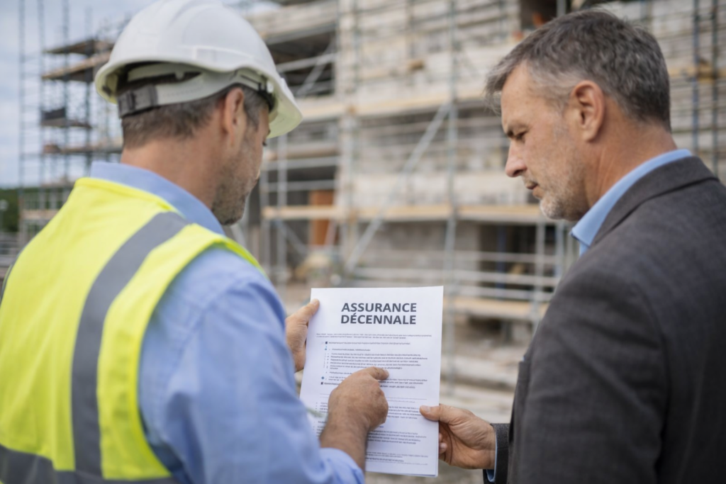 Chef de chantier montrant une assurance décennale à un maître d’ouvrage sur un chantier en construction.
