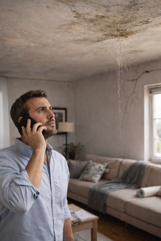 Un homme inquiet téléphone en regardant une importante fuite d’eau qui s’écoule du plafond de son salon.