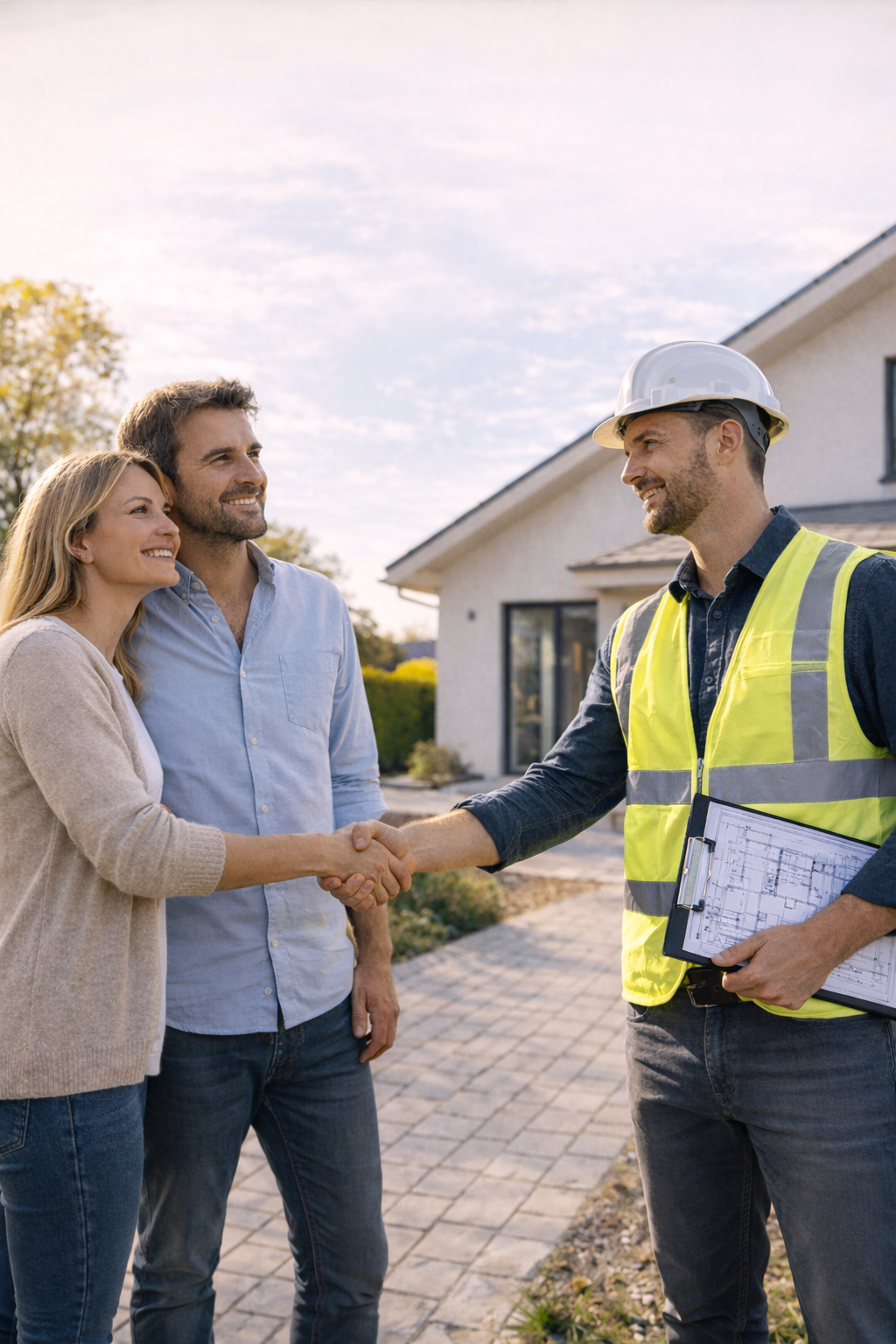 Un couple souriant serre la main d’un professionnel du bâtiment en gilet de sécurité, devant leur maison neuve, dans une ambiance chaleureuse et ensoleillée.