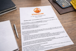 Une attestation d’assurance responsabilité civile décennale au nom de STARCKLINK est posée sur un bureau en bois, entourée d’accessoires de bureau comme un stylo, un cahier, une calculatrice et un casque de chantier.
