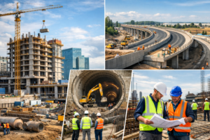 Illustration d’un chantier du bâtiment et des travaux publics représentant la réussite des entreprises du BTP.