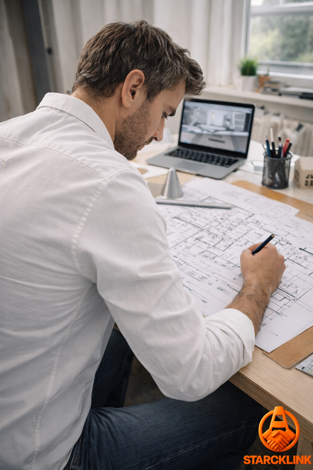 Architecte d’intérieur travaillant sur des plans d’aménagement et de conception d’espace.