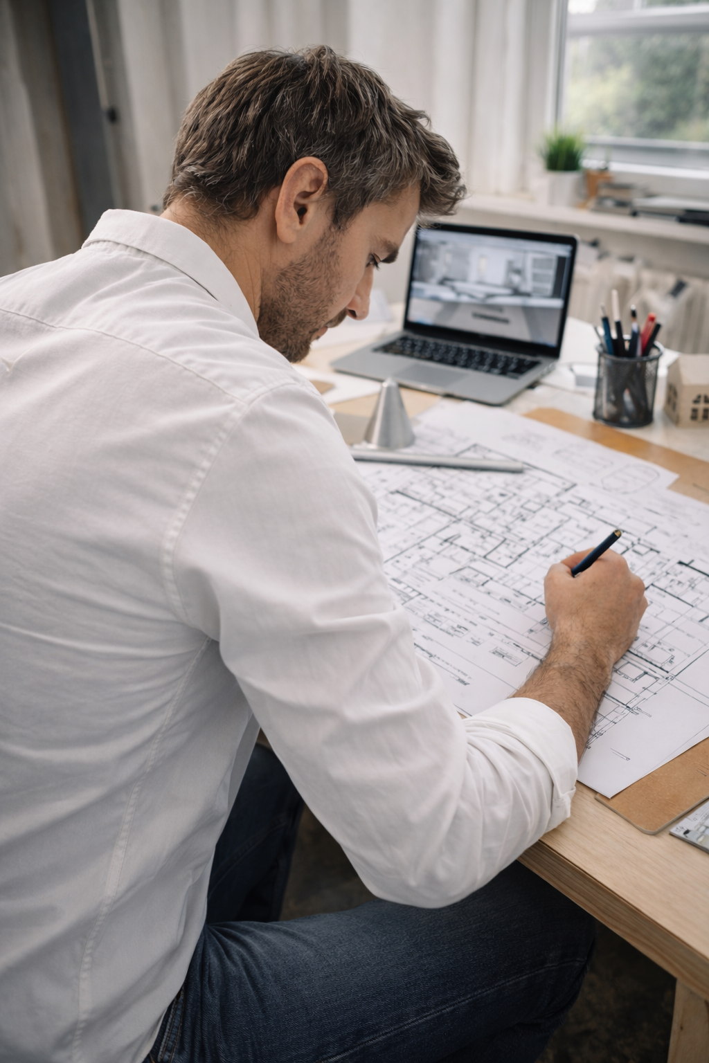 Architecte d’intérieur en train de travailler sur des plans techniques dans son bureau moderne