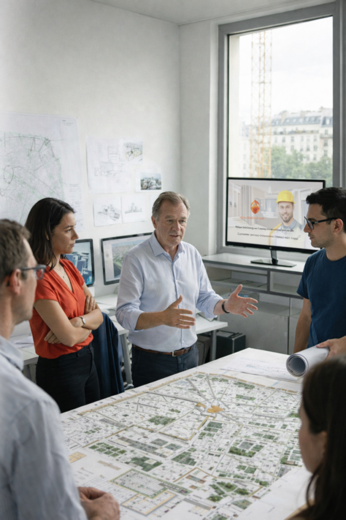Réunion de planification urbaine à Paris autour d’une maquette de quartier avec équipe d’urbanistes