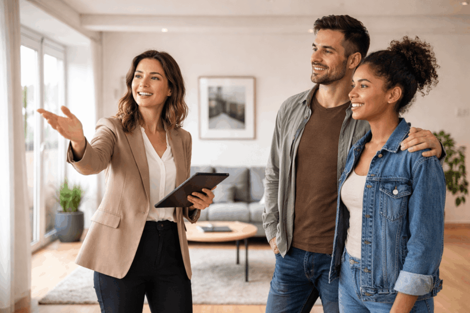 Agent immobilier présentant un bien à des clients