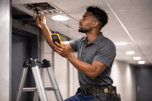 Agent de maintenance bâtiment réparant une installation technique