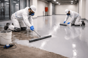 Applicateur résine sol en train d’étaler une résine sur un sol