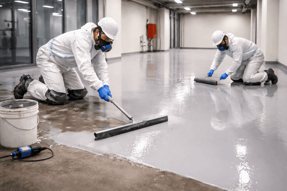 Applicateur résine sol en train d’étaler une résine sur un sol