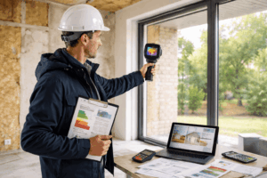 Auditeur énergétique réalisant un diagnostic thermique dans un logement