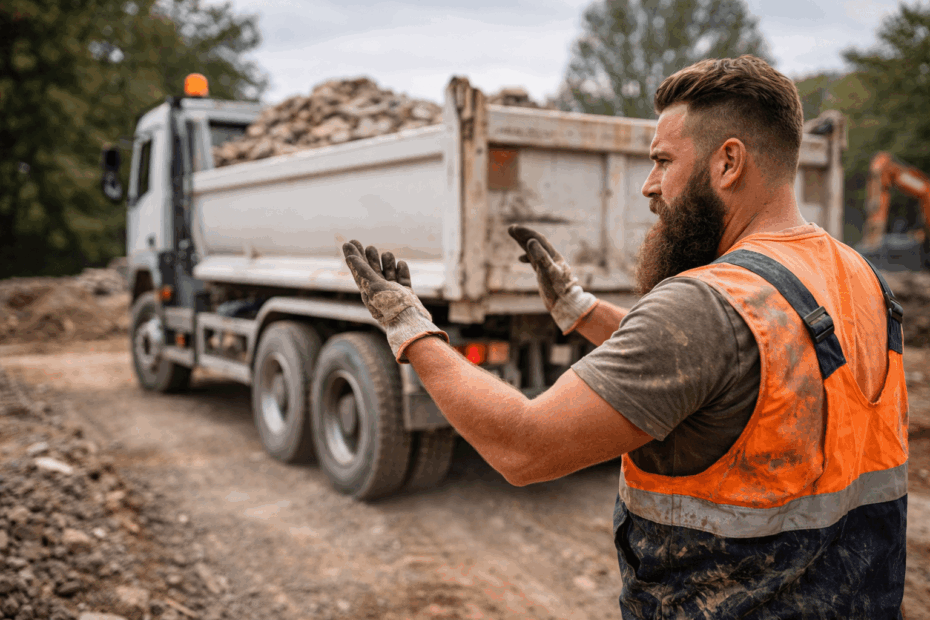Chauffeur poids lourd BTP conduisant un camion sur un chantier avec matériaux