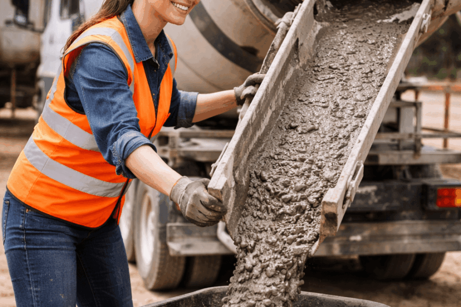 Chauffeur de toupie béton en train de déverser du béton sur un chantier