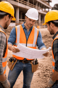 Chef de chantier supervisant une équipe sur un chantier avec plans en main