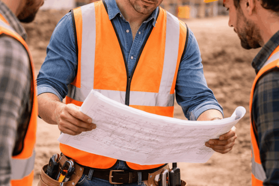 Chef de chantier supervisant une équipe sur un chantier avec plans en main