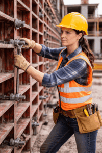 Coffreur bancheur installant des banches métalliques pour un mur en béton sur chantier