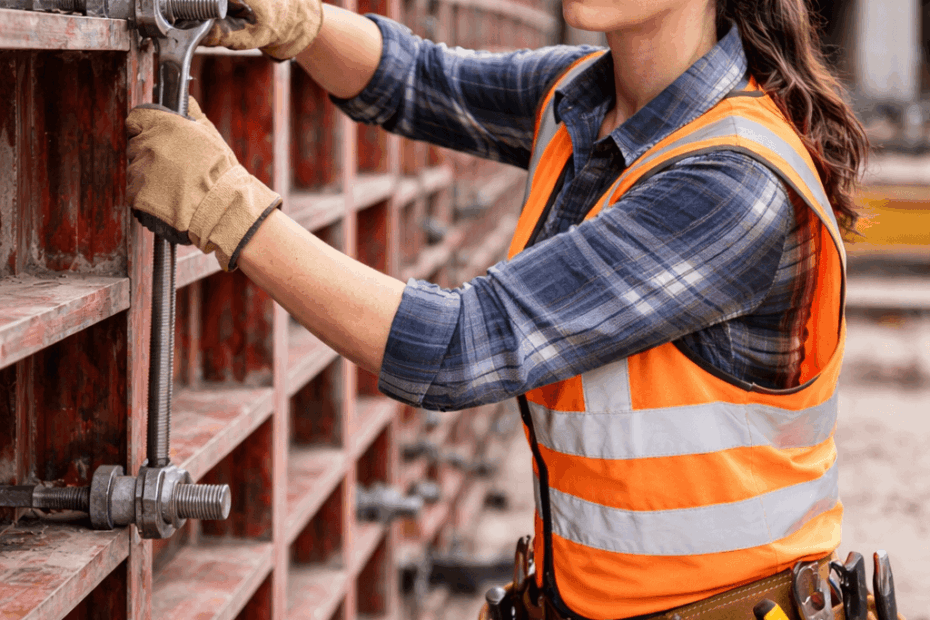 Coffreur bancheur installant des banches métalliques pour un mur en béton sur chantier
