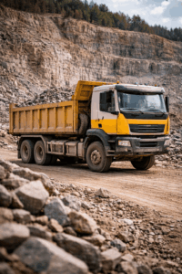 Conducteur de carrière pilotant un engin de chantier dans une carrière de pierres