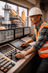 Conducteur de centrale d’enrobé supervisant la production d’asphalte sur un site industriel