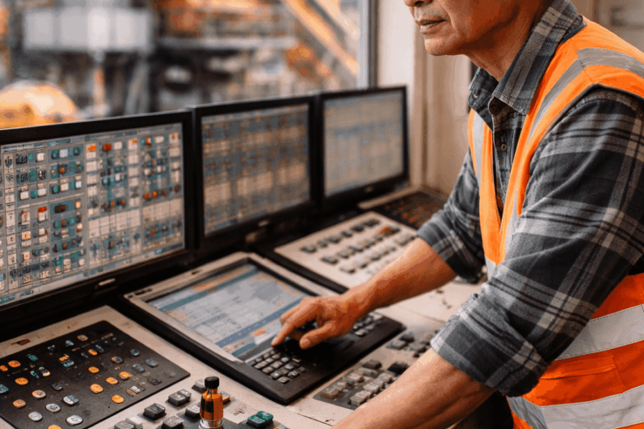 Conducteur de centrale d’enrobé supervisant la production d’asphalte sur un site industriel