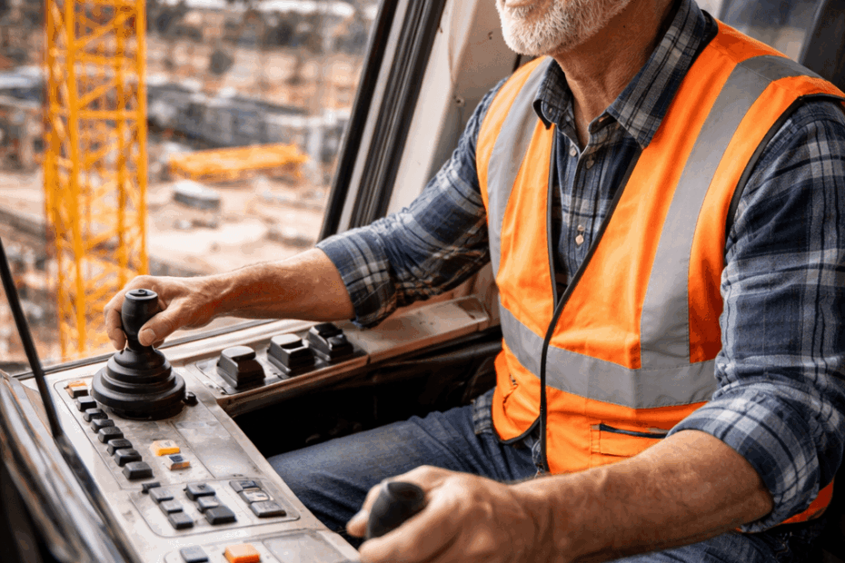 Conducteur de grue manœuvrant une grue de chantier en cabine en hauteur