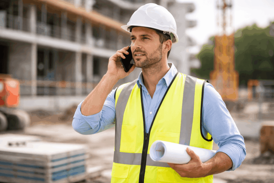 Conducteur de travaux supervisant un chantier avec plans et casque de sécurité