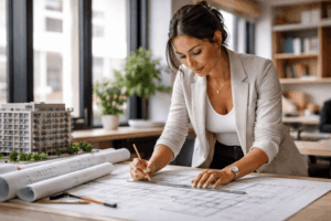 Architecte travaillant sur des plans de construction en bureau